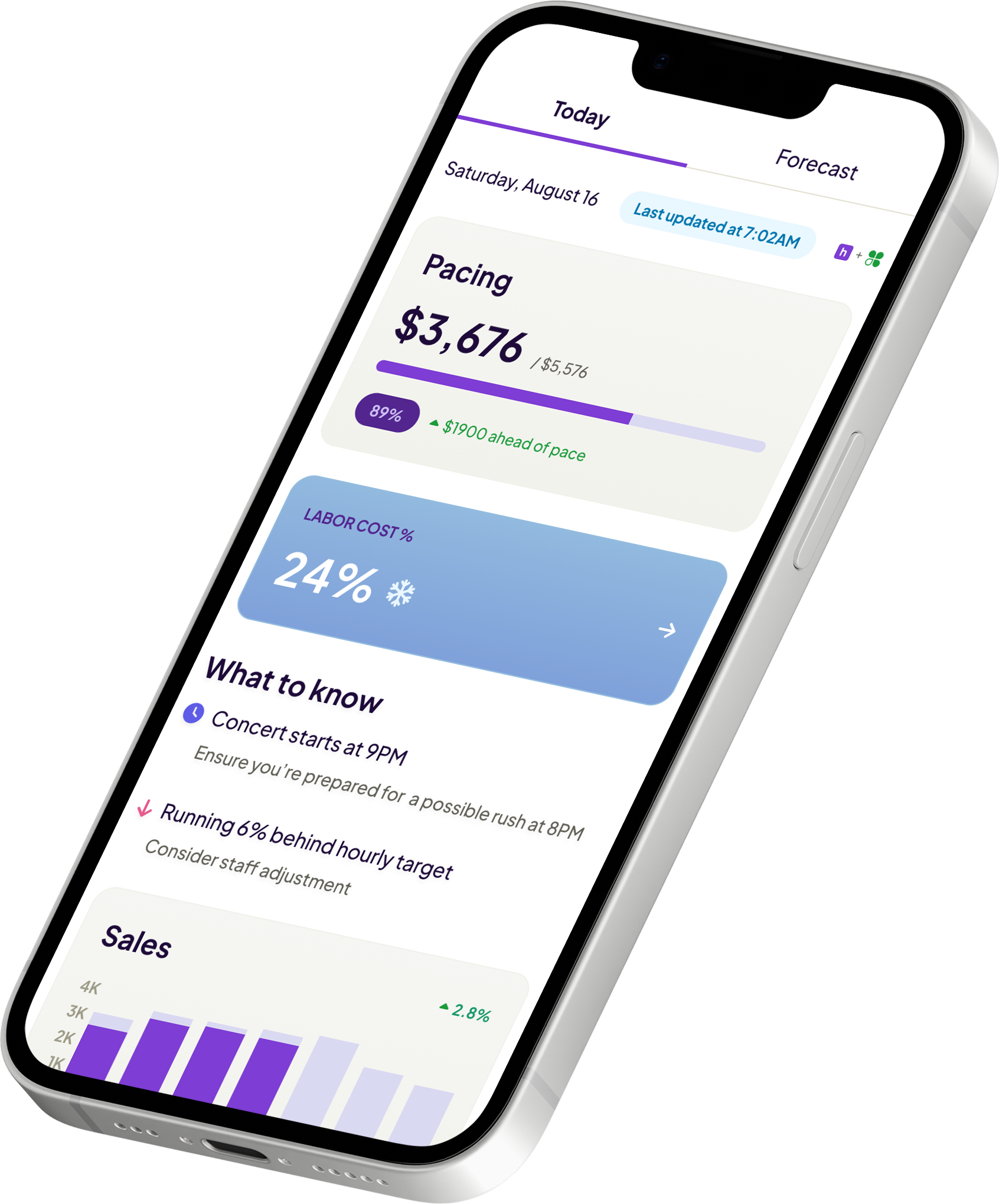 Homebase mobile app showing Schedule, Manage, Pay features